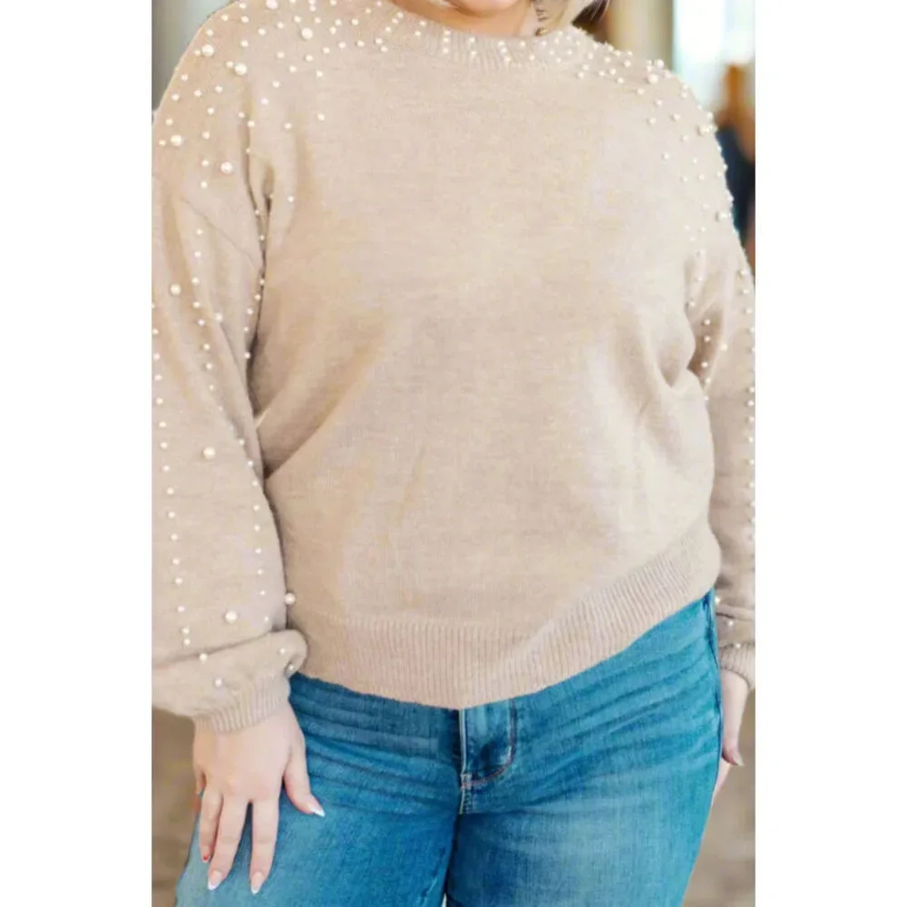 Pearl Embellished Dressy Sweater in Beige - Picture 4 of 4